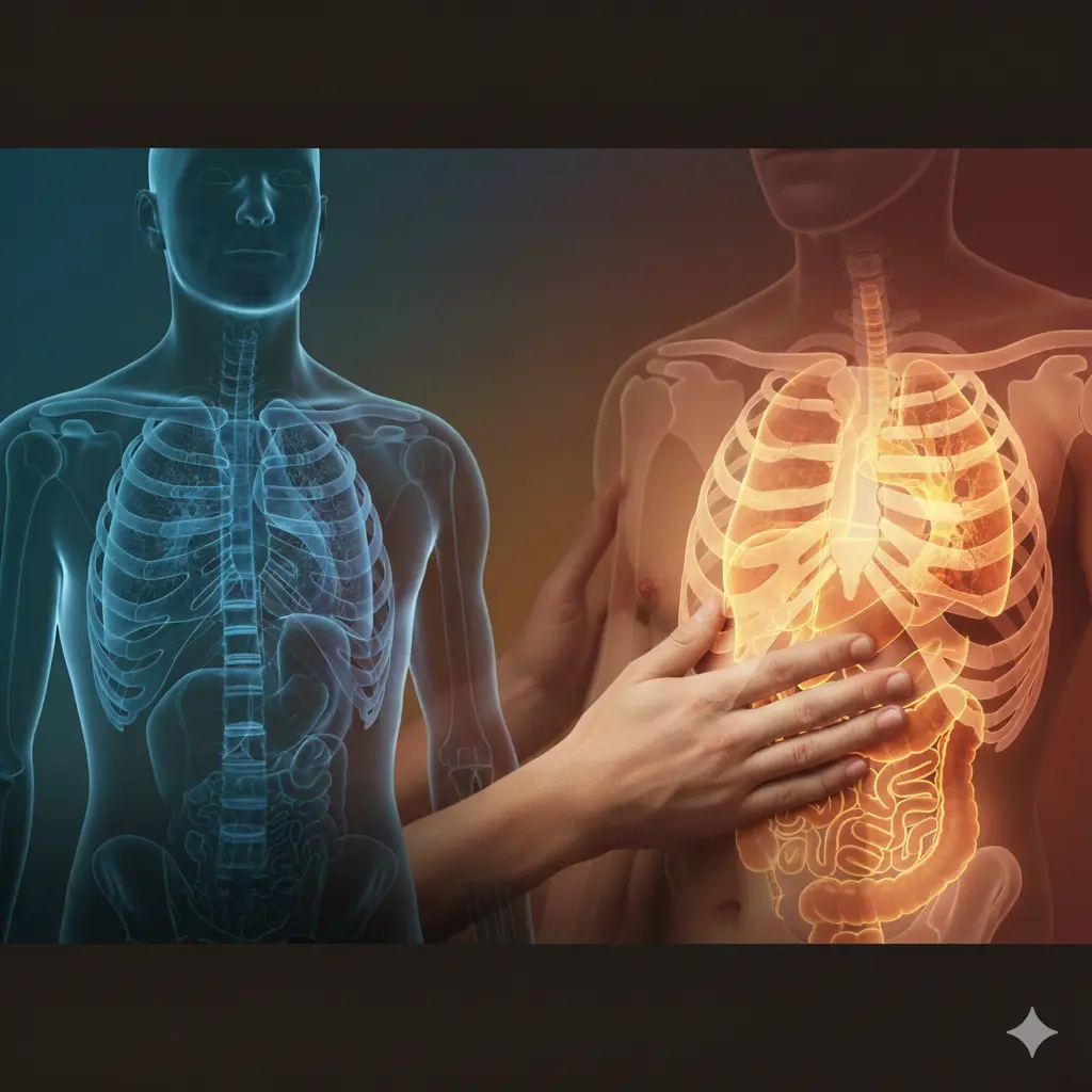 An anatomical illustration of the human torso, with a person's hand touching the rib cage area. The image highlights the skeletal and internal organ structures within the chest. This visual is suitable for a banner or informational graphic about rib pain treatment in Wendover.