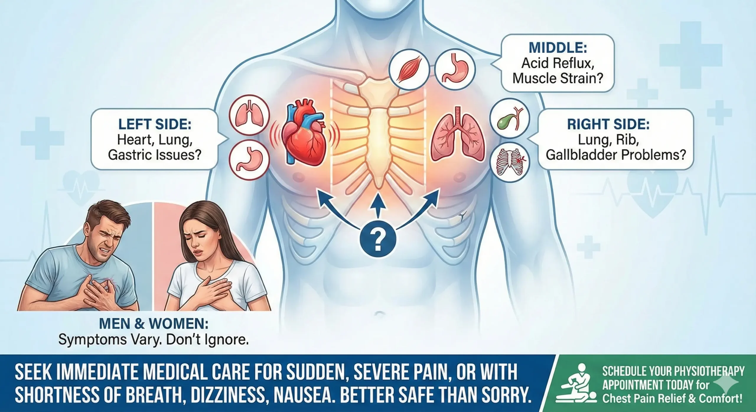 Infographic illustrating potential causes of chest pain by location in the human torso (left, middle, right), including heart, lung, muscle, and gastric issues. It shows a man and a woman experiencing chest pain, stating symptoms vary and shouldn't be ignored. A prominent banner advises seeking immediate medical care for severe symptoms like shortness of breath or dizziness. The image ends with a call to action to schedule a physiotherapy appointment for pain relief.