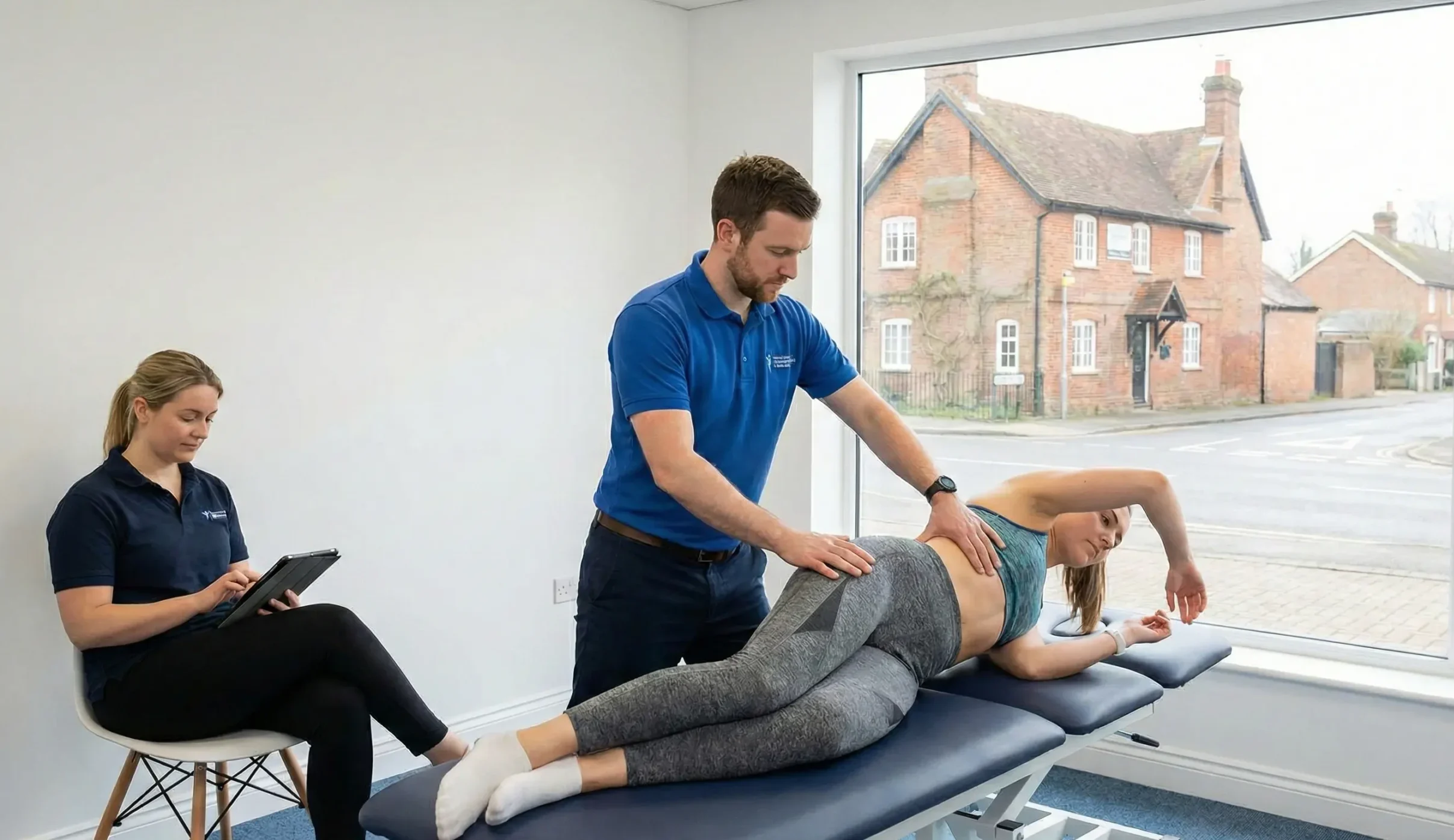 A physiotherapist providing manual treatment to a patient in a clinic.