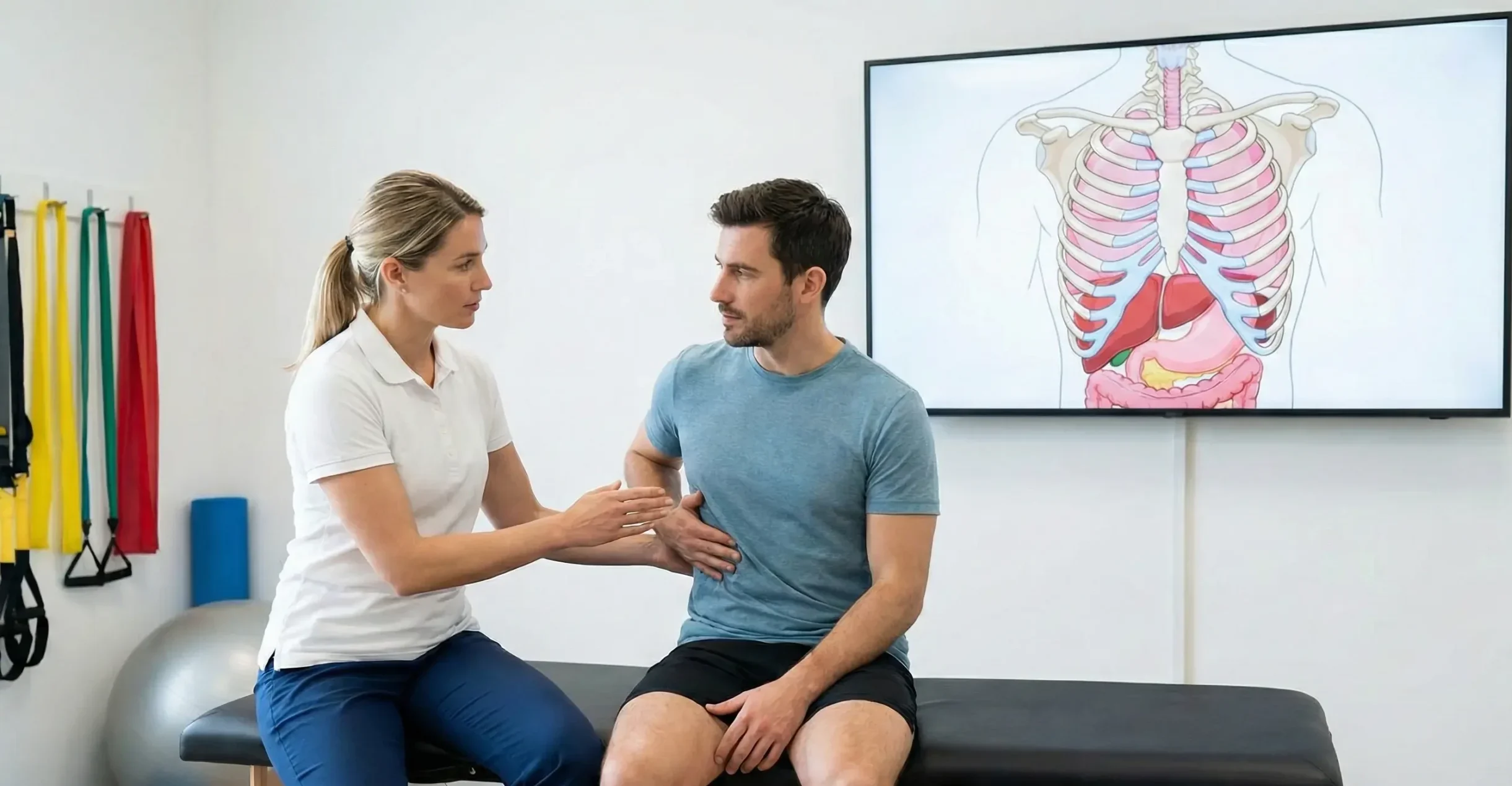 A physiotherapist is consulting with a male patient who is sitting on an examination table and holding his right side. They are looking at each other, and a large screen behind them displays an anatomical diagram of the human torso, including the rib cage and internal organs. New Name: physio-consultation-with-patient-and-torso-diagram
