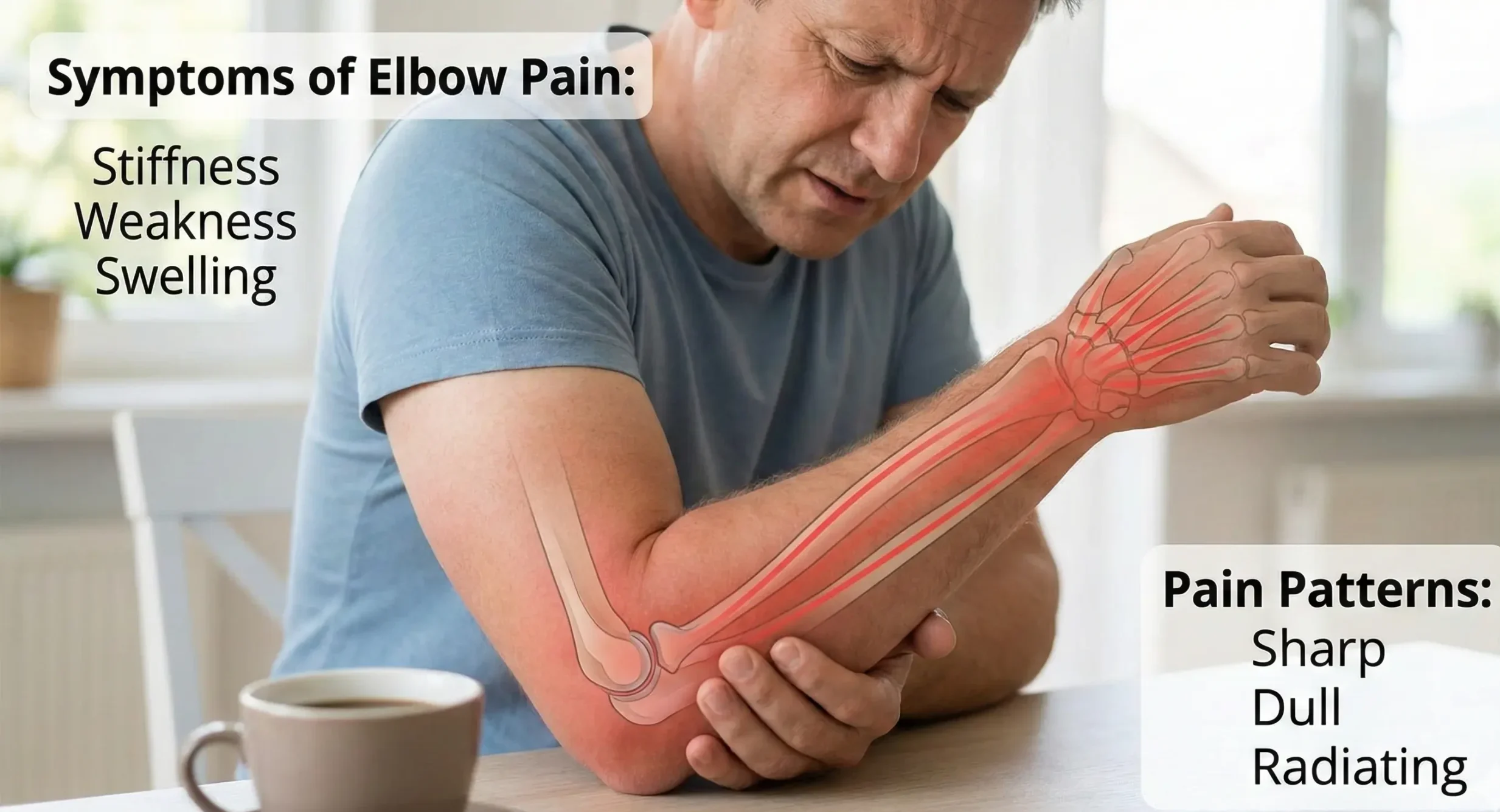 A man holding his elbow in discomfort, featuring a red anatomical overlay highlighting the bones of the forearm to represent inflammation. Text on the left reads "Symptoms of Elbow Pain: Stiffness, Weakness, Swelling," and text on the right reads "Pain Patterns: Sharp, Dull, Radiating.
