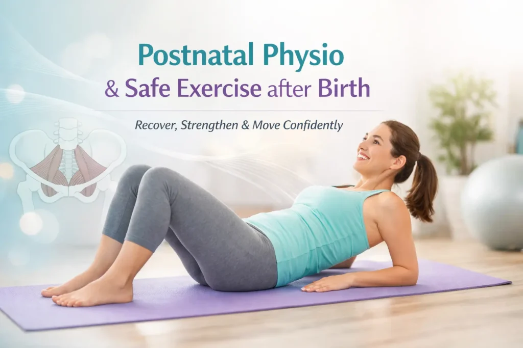 Postnatal physiotherapy banner showing a new mother performing a gentle bridge exercise on a yoga mat, highlighting safe core and pelvic floor recovery after childbirth with a calm clinical background.