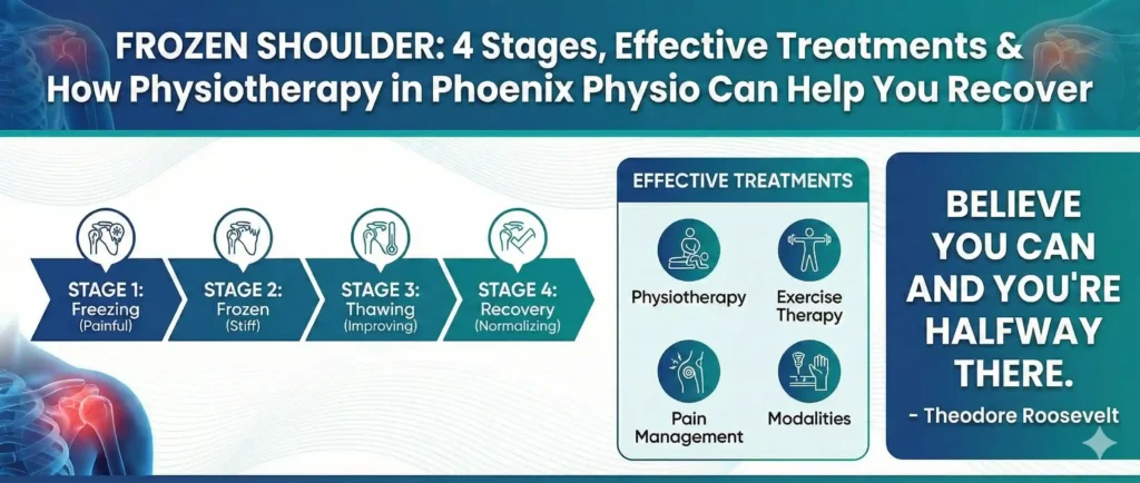 Infographic showing frozen shoulder stages from freezing to recovery, with effective treatments including physiotherapy, exercise therapy, pain management, and modalities to support frozen shoulder recovery.