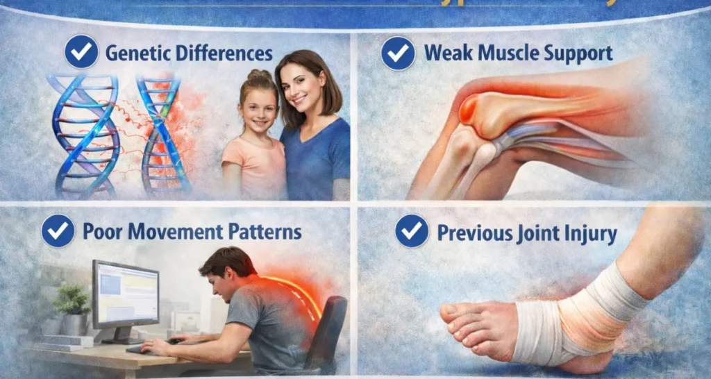 Hypermobility causes, including genetic differences, weak muscle support, poor movement patterns and previous joint injury