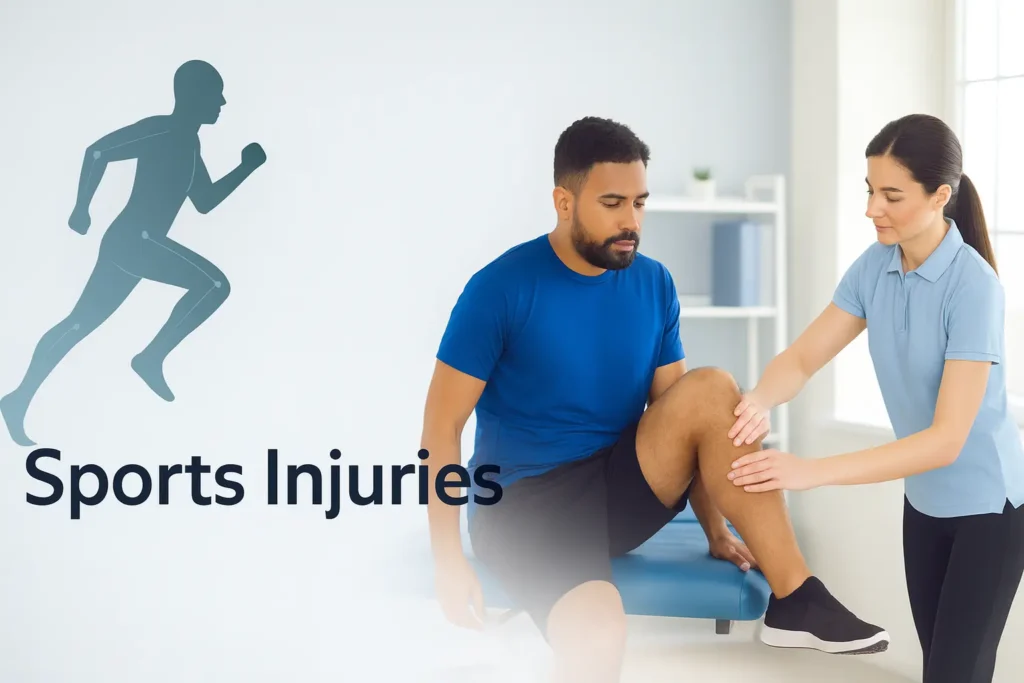 Physiotherapist treating a patient’s knee for sports injuries during a clinical assessment.