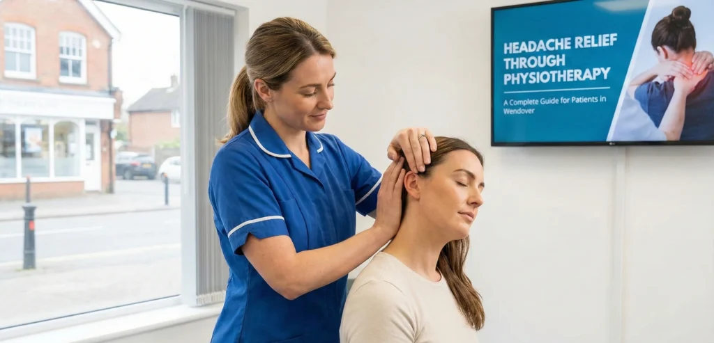 A female physiotherapist performs manual neck therapy on a patient in a Wendover clinic, with a screen in the background displaying "Headache Relief Through Physiotherapy: A Complete Guide for Patients in Wendover.
