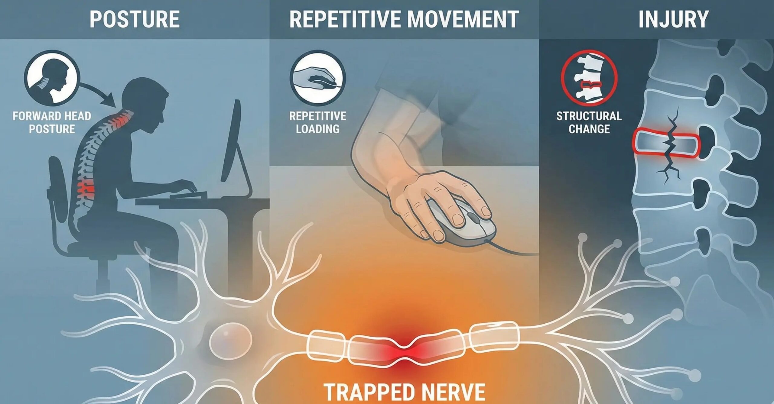 Infographic showing causes of trapped nerves including poor posture, repetitive movement, and injury