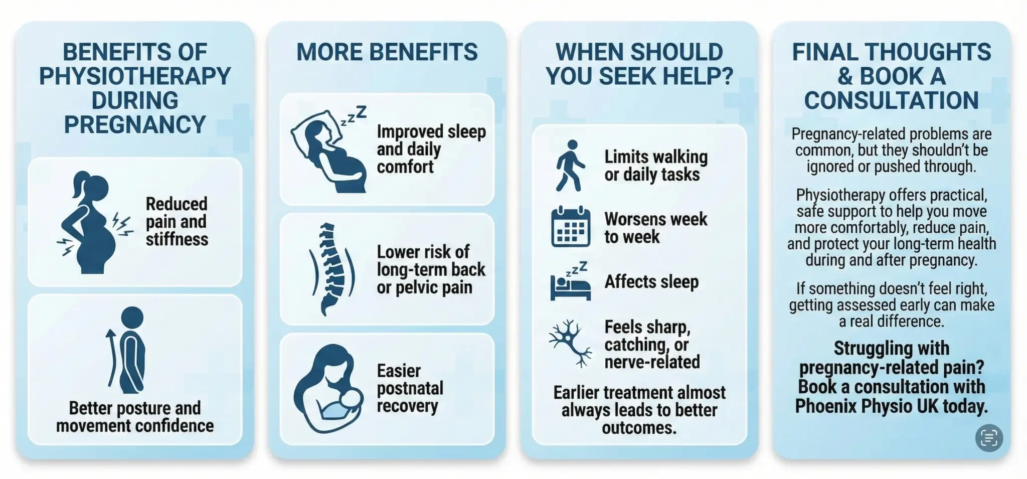 “Infographic outlining the benefits of physiotherapy during pregnancy, including reduced pain and stiffness, better posture, improved sleep, lower risk of long-term back or pelvic pain, easier postnatal recovery, signs to seek help, and advice to book a pregnancy physiotherapy consultation.”