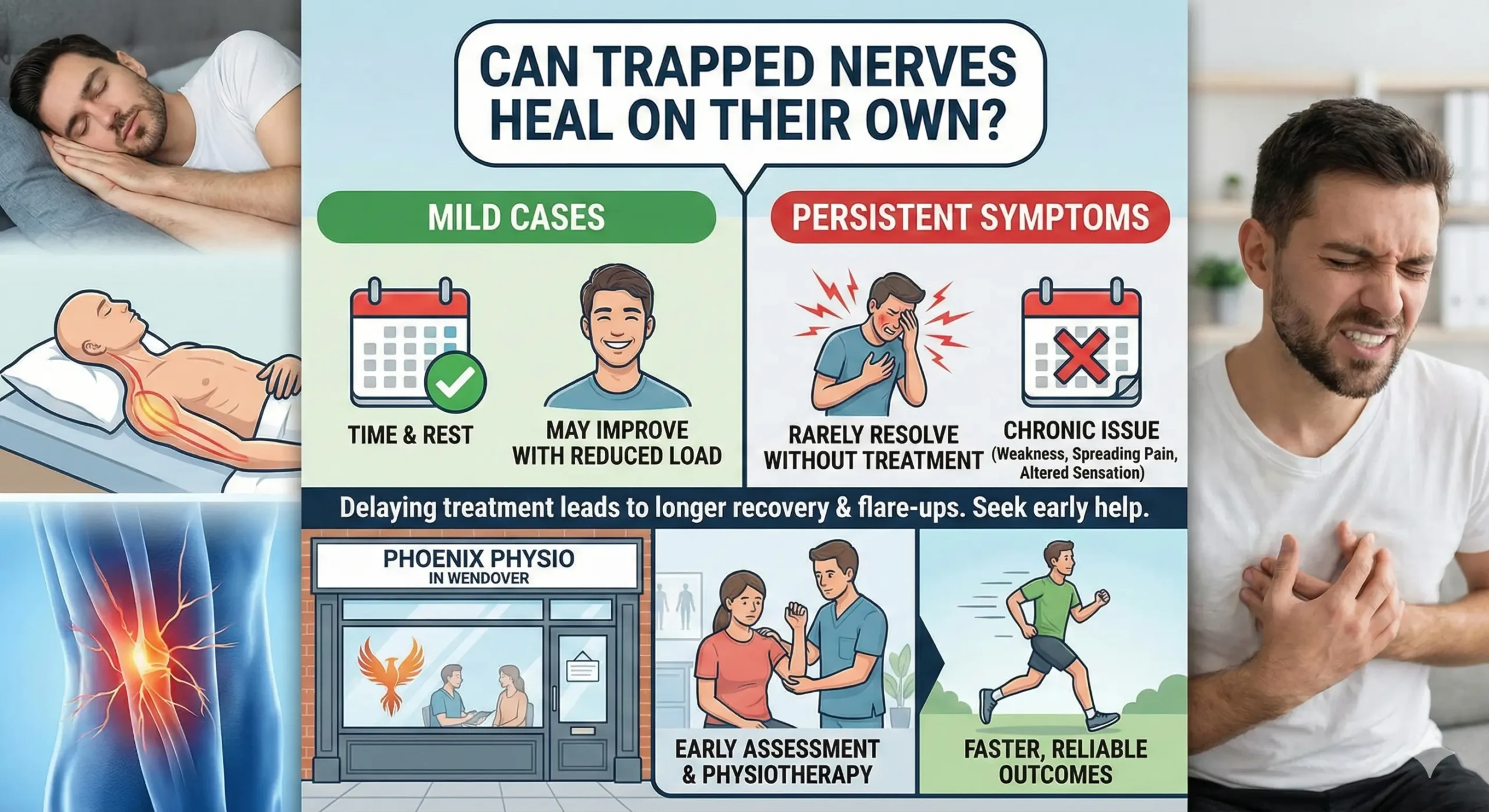 An infographic titled "CAN TRAPPED NERVES HEAL ON THEIR OWN?" compares "MILD CASES" (which may improve with time and rest) against "PERSISTENT SYMPTOMS" (which rarely resolve without treatment and can become chronic). The graphic warns that delaying treatment leads to longer recovery and encourages early assessment at "PHOENIX PHYSIO IN WENDOVER" for faster, reliable outcomes.