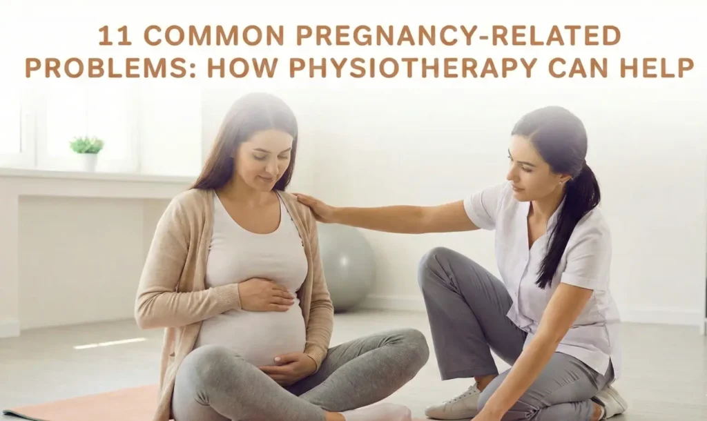 “Physiotherapist supporting a pregnant woman during a prenatal exercise session, demonstrating how physiotherapy helps manage common pregnancy problems such as back pain, pelvic discomfort, and posture changes.”
