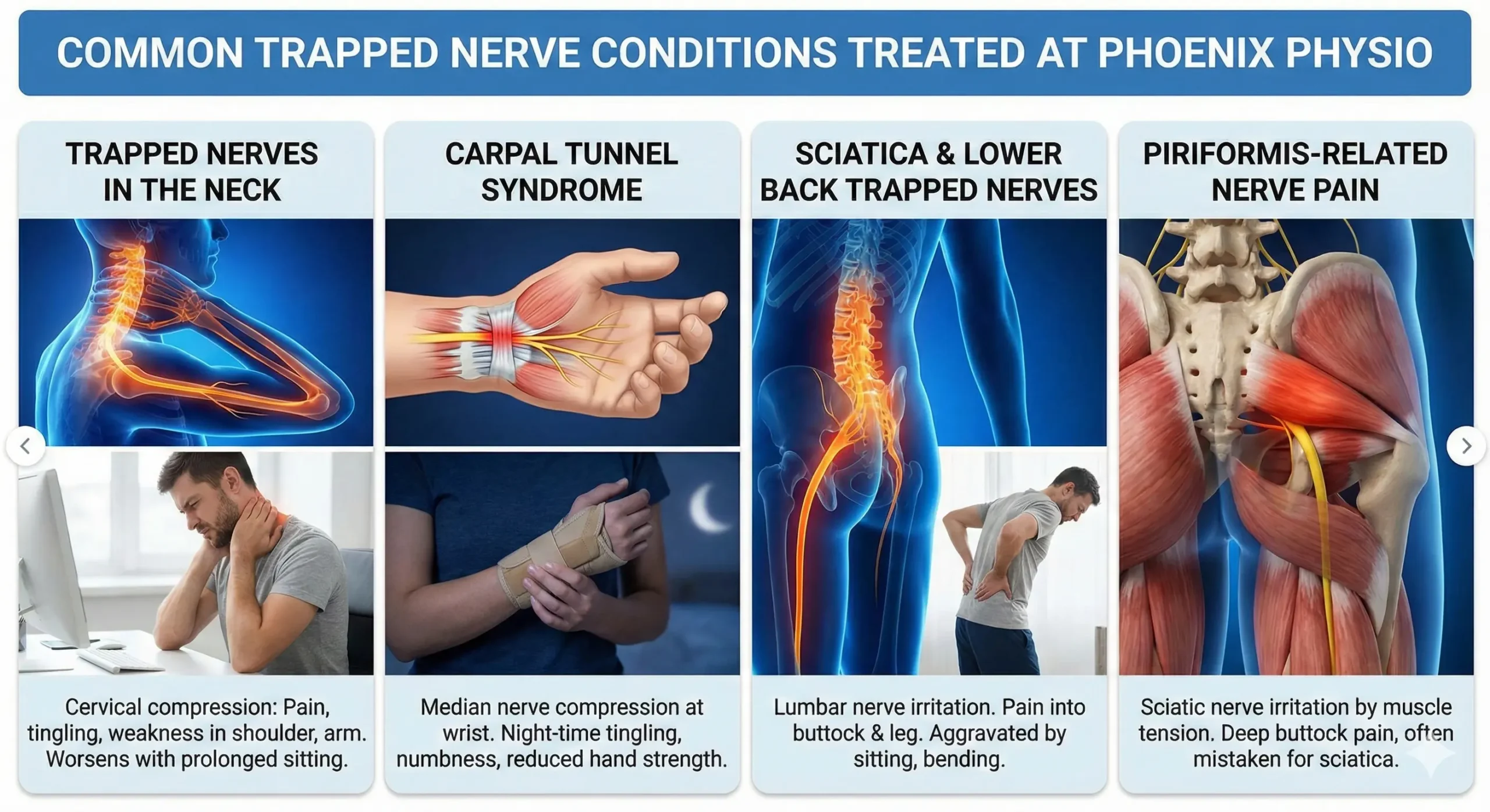 An infographic titled "COMMON TRAPPED NERVE CONDITIONS TREATED AT PHOENIX PHYSIO" presents four columns. Each column features an anatomical diagram, a photograph of a person experiencing pain, and a description of symptoms for a specific condition: "TRAPPED NERVES IN THE NECK," "CARPAL TUNNEL SYNDROME," "SCIATICA & LOWER BACK TRAPPED NERVES," and "PIRIFORMIS-RELATED NERVE PAIN".