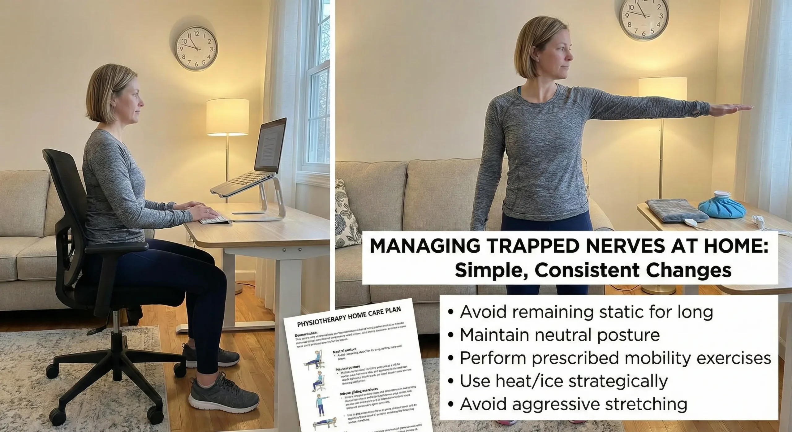 "A split layout image titled 'MANAGING TRAPPED NERVES AT HOME: Simple, Consistent Changes.' On the left, a woman demonstrates proper neutral posture while sitting at an ergonomic desk setup. On the right, she performs a gentle standing arm mobility exercise. A checklist advises patients to 'Avoid remaining static for long,' 'Maintain neutral posture,' 'Perform prescribed mobility exercises,' and 'Avoid aggressive stretching'."