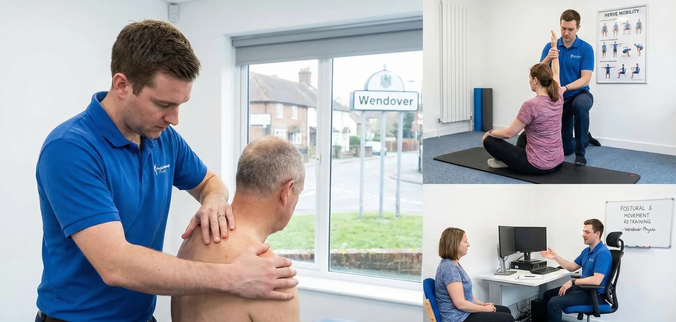 A collage of three photos showing physiotherapy assessments and treatments at Wendover Physio. On the left, a therapist examines a male patient's shoulder. On the top right, a therapist performs a nerve mobility test on a female patient. On the bottom right, a therapist consults with a female patient about postural and movement retraining.