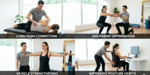 LONG-TERM PREVENTION: PHYSIOTHERAPY VS. TEMPORARY RELIEF" with four rectangular panels below, followed by a bottom banner. From left to right, the first panel, "LONG-TERM CORRECTION," shows a therapist assessing a seated male patient's spine with a spine icon above, and text "Addresses root causes for lasting results." The second panel, "MOVEMENT OPTIMISATION," features a running person icon, a photo of a patient performing a squat with a therapist observing, and text "Enhances efficiency and reduces strain." The third panel, "MUSCLE STRENGTHENING," has a flexing bicep with a weight icon, a photo of a patient using a resistance band with a therapist, and text "Builds resilience and support." The fourth panel, "IMPROVING POSTURE HABITS," shows a person at a desk icon, a graphic of a person with correct posture at a computer, and text "Corrects daily patterns." The bottom banner reads, "MOST PATIENTS SEE NOTICEABLE IMPROVEMENT WITHIN 4–6 SESSIONS."