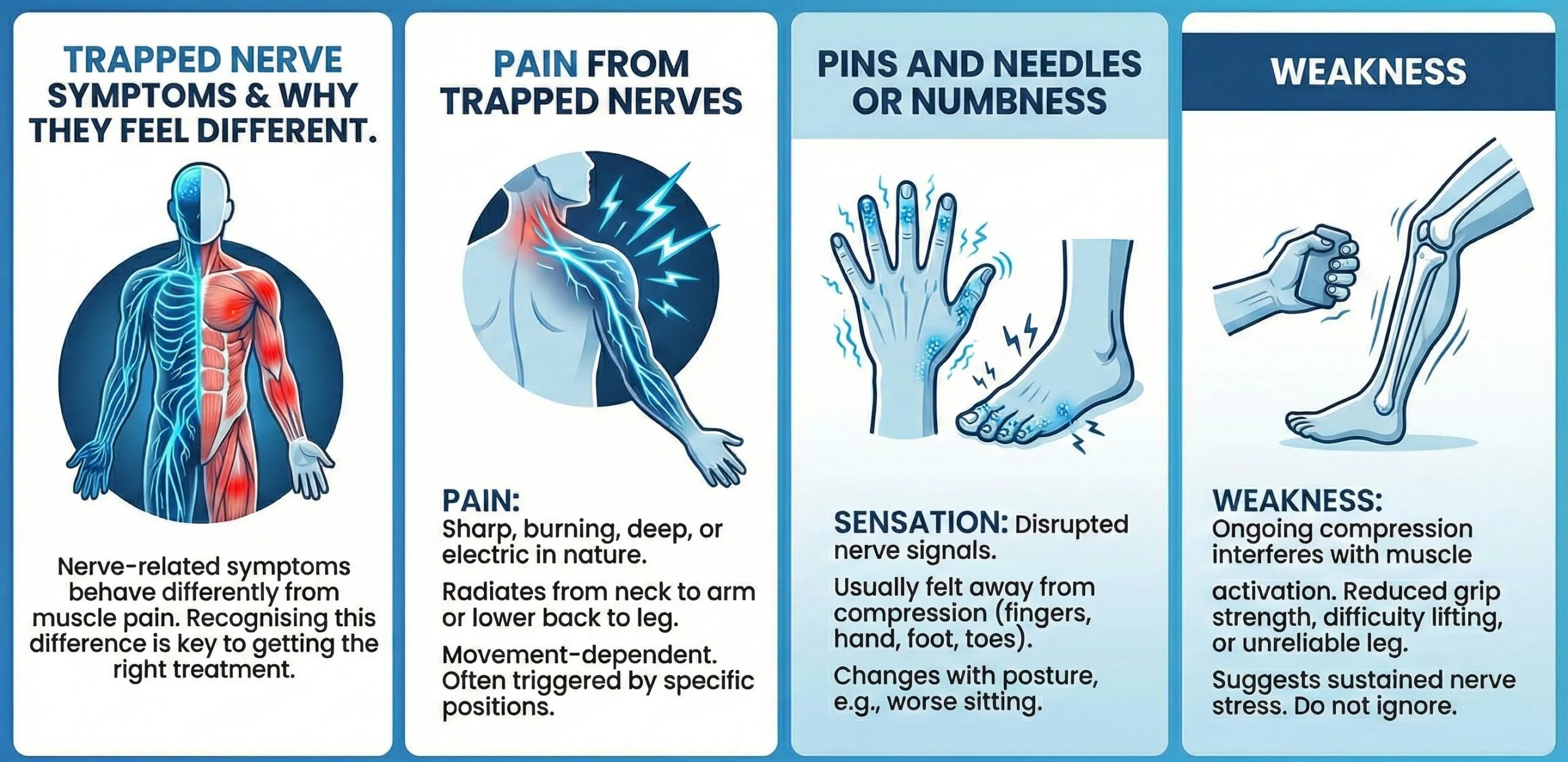 Diagram showing trapped nerve symptoms such as radiating pain, numbness, pins and needles, and weakness