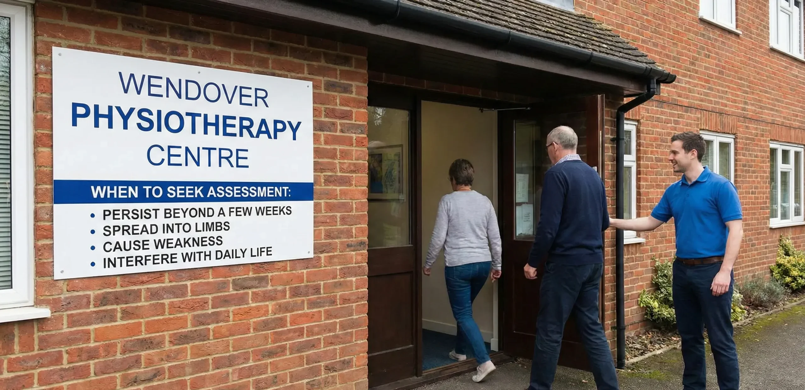 "A physiotherapist welcomes patients at the entrance of the Wendover Physiotherapy Centre. A sign on the exterior wall lists guidelines for 'When to Seek Assessment', advising patients to visit if symptoms persist beyond a few weeks, spread into limbs, cause weakness, or interfere with daily life."