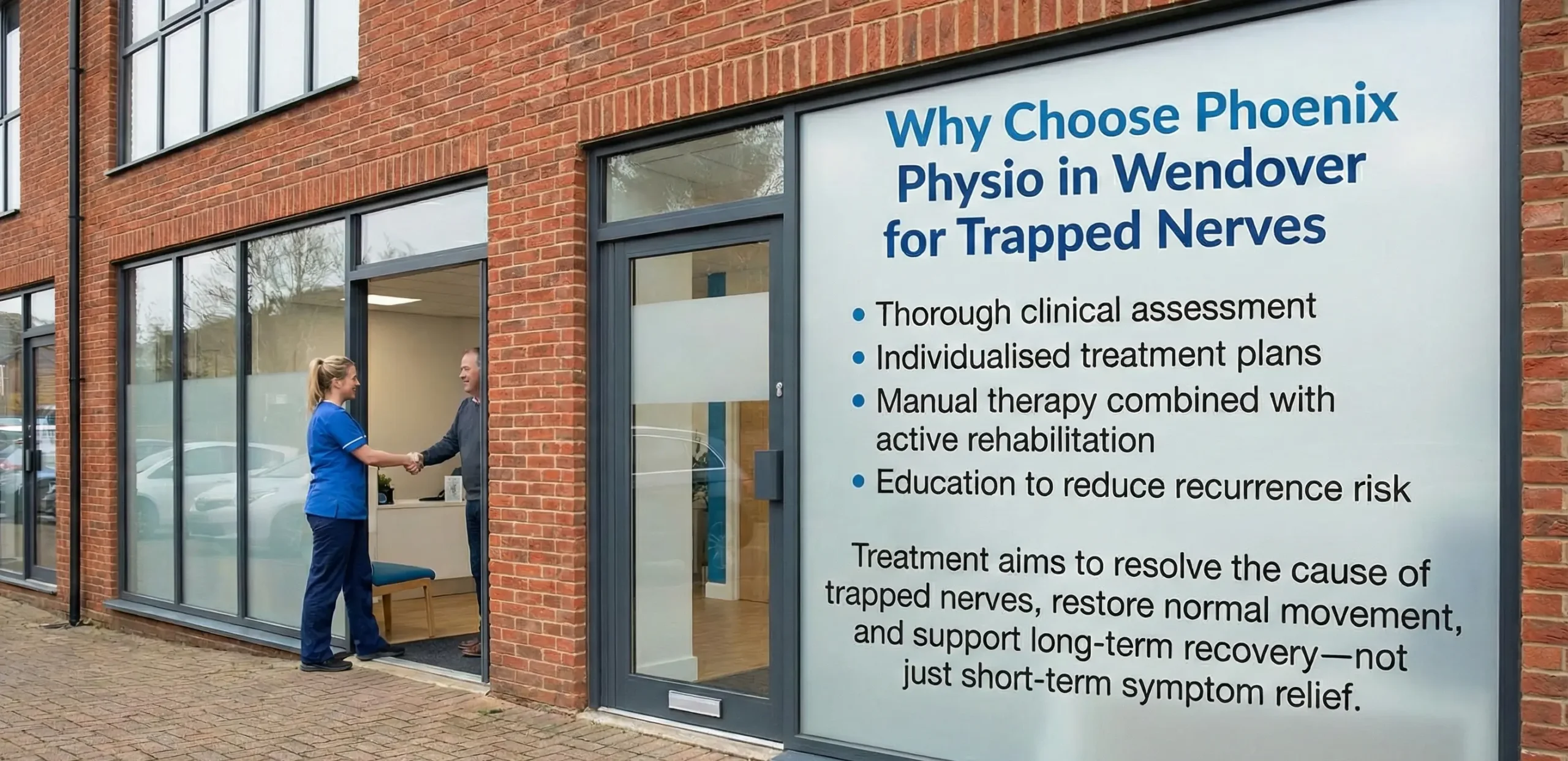 "Exterior of Phoenix Physio in Wendover showing a female physiotherapist shaking hands with a patient at the clinic entrance. Large window text titled 'Why Choose Phoenix Physio in Wendover for Trapped Nerves' lists key benefits, including thorough clinical assessment, individualised treatment plans, manual therapy, and education to reduce recurrence risk."