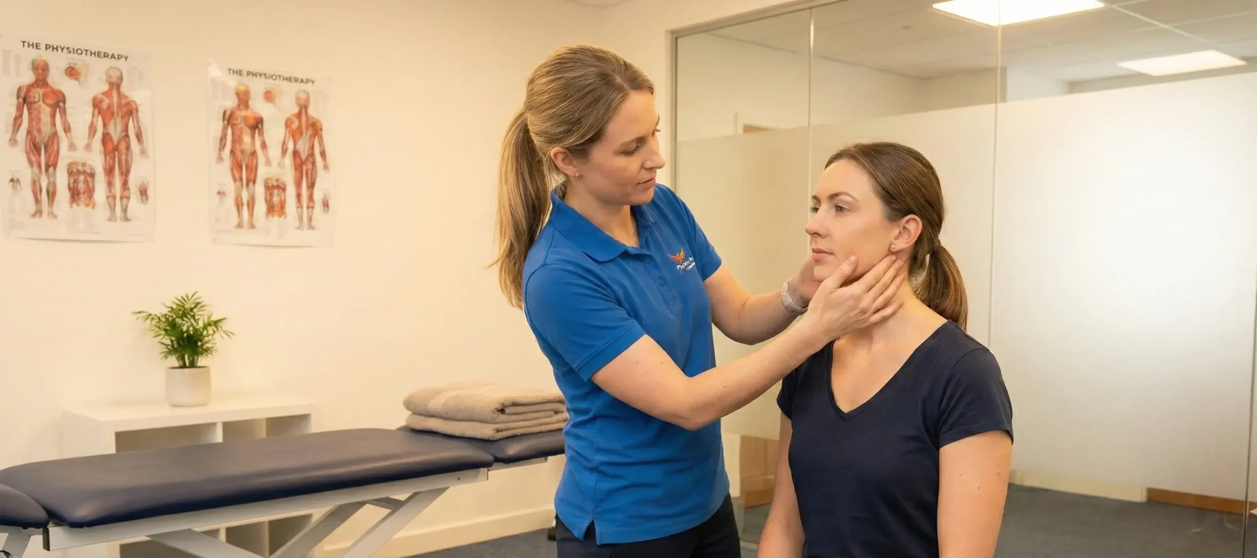 Physiotherapist assessing a seated patient’s jaw and neck alignment during a TMJ jaw pain physiotherapy session in a clinical treatment room.