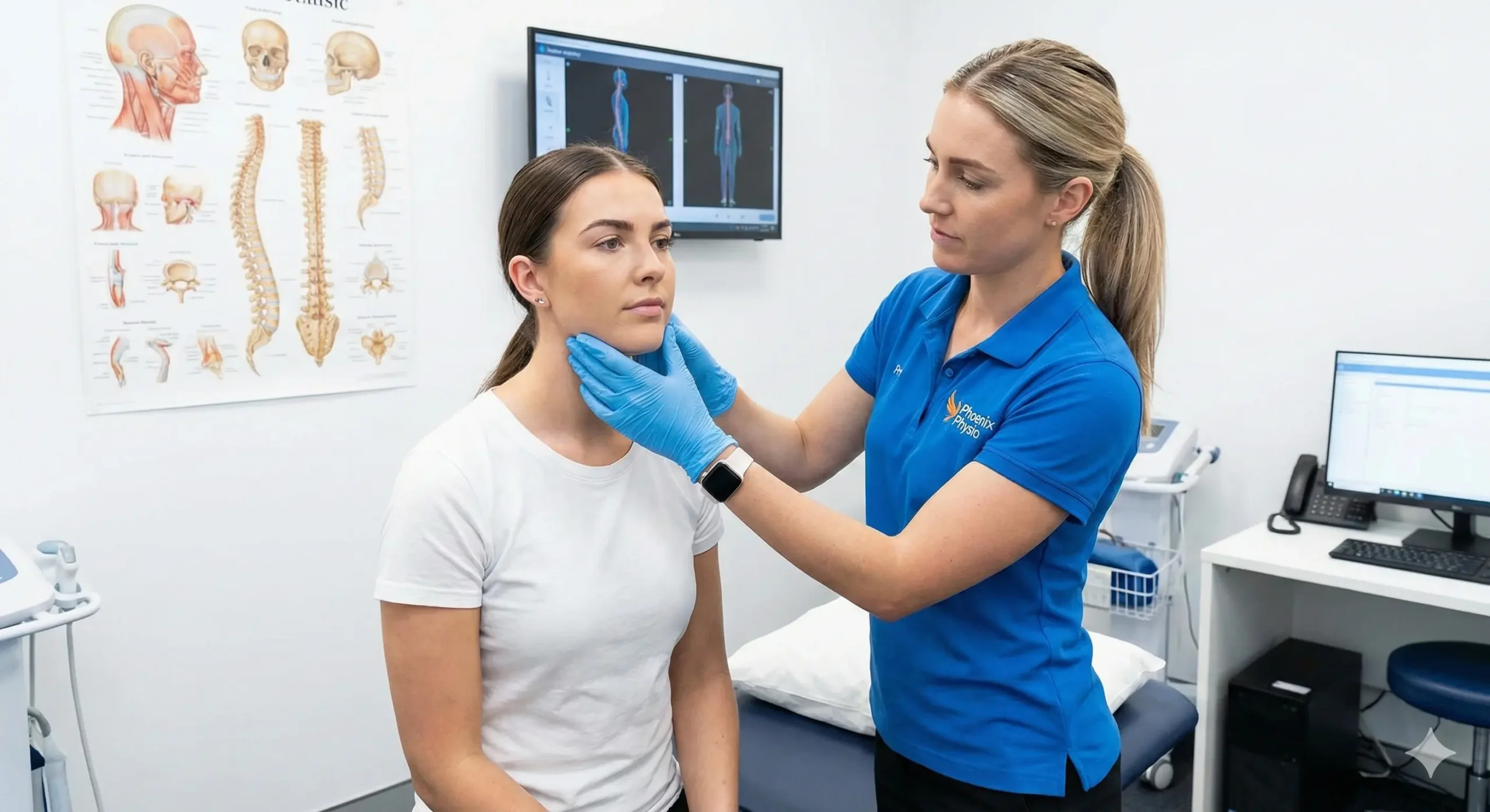 Physiotherapist assessing jaw and neck movement during TMJ jaw pain physiotherapy treatment in a clinical setting, focusing on joint mobility and muscle control.