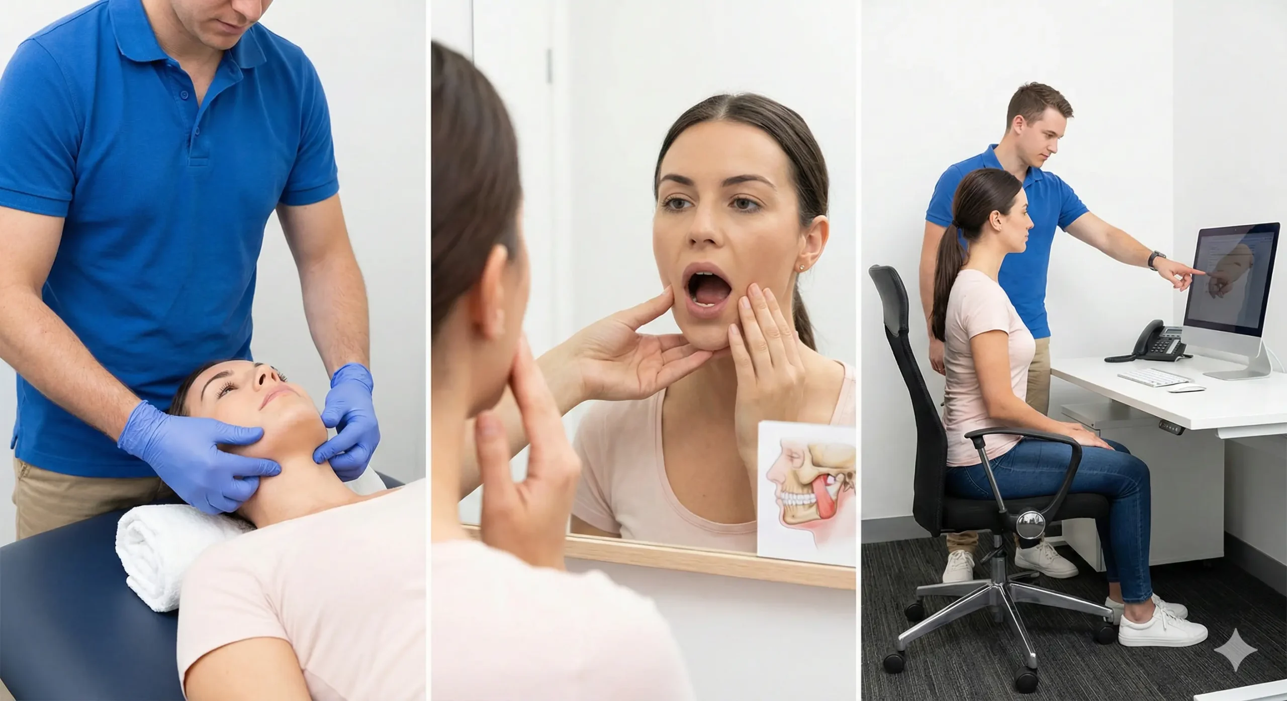 TMJ jaw pain physiotherapy treatment showing jaw assessment, movement exercises, and posture correction during a clinic session.