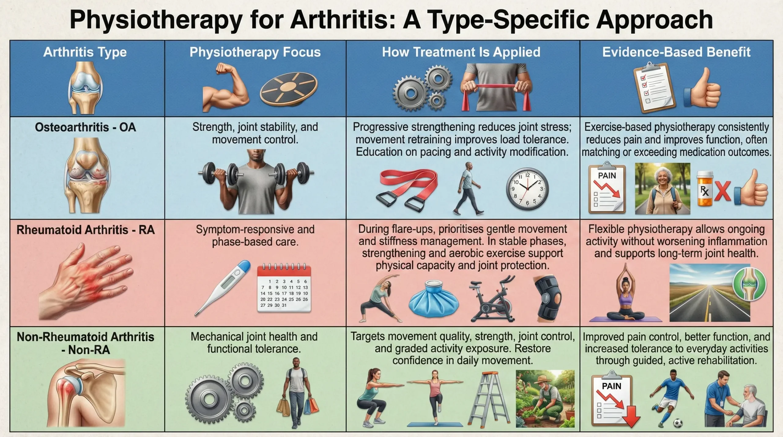 Arthritis physiotherapy showing tailored exercise treatment for osteoarthritis, rheumatoid arthritis, and non-rheumatoid arthritis
