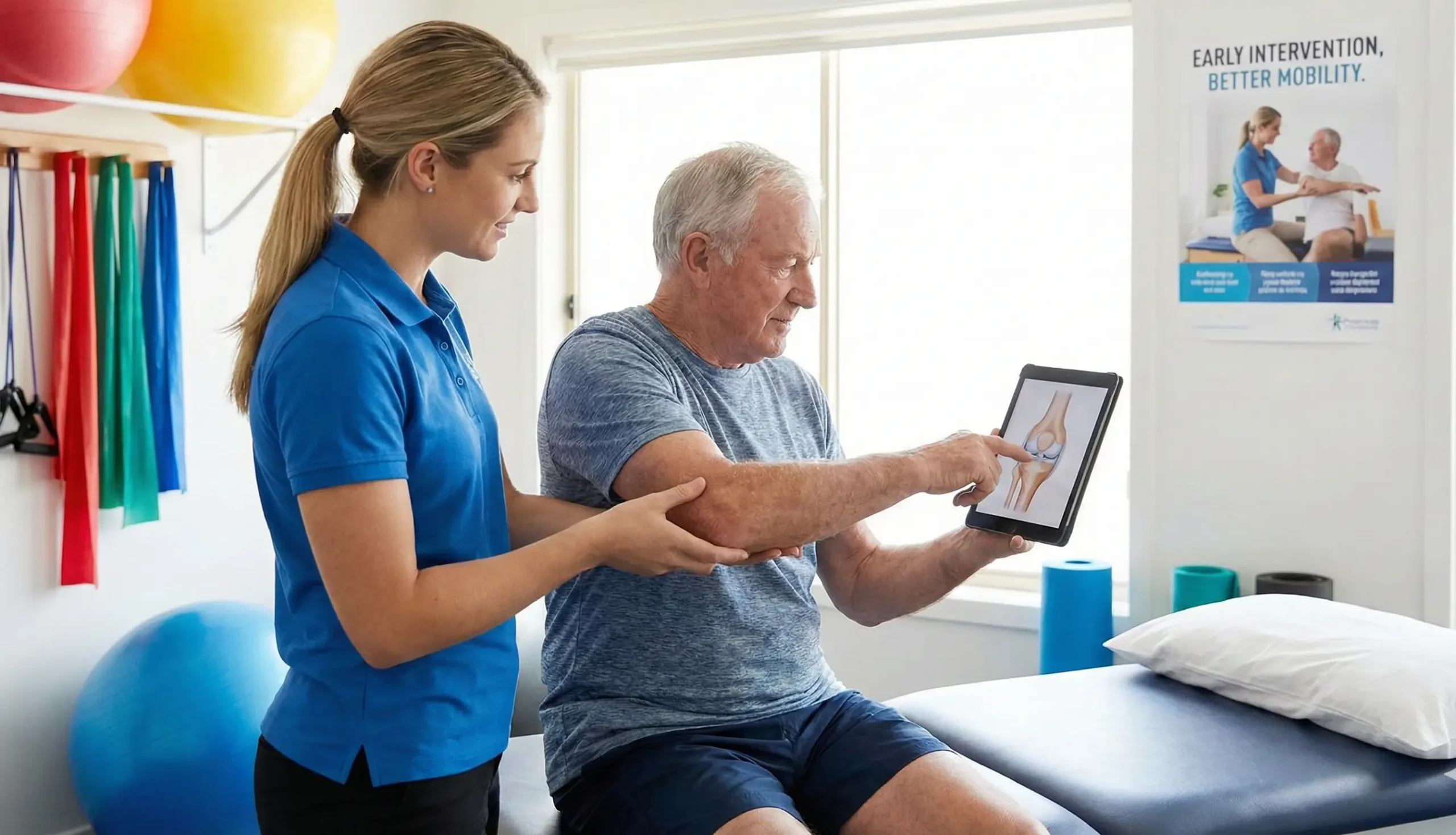 “Physiotherapist assessing an older man with arthritis in a clinic, explaining knee joint changes using a digital model during a personalised physiotherapy session.”