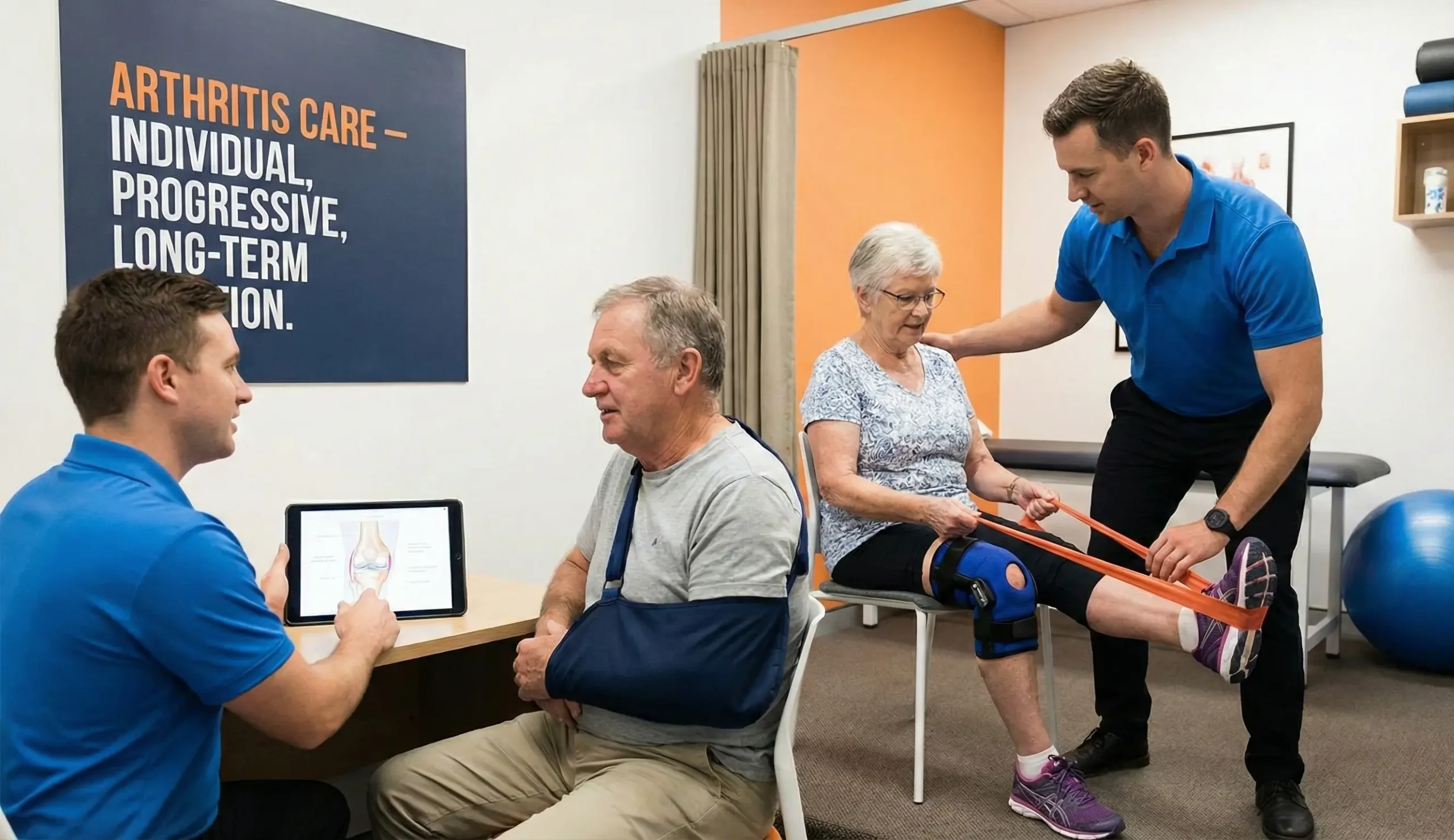 “Physiotherapists providing personalised arthritis care in a clinic, including joint education, resistance band exercises, and supervised rehabilitation for older adults.”
