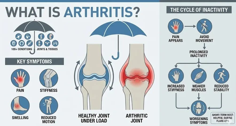 What is arthritis diagram showing joint inflammation, arthritis symptoms, healthy joint vs arthritic joint under load, and the cycle of inactivity caused by pain and stiffness.