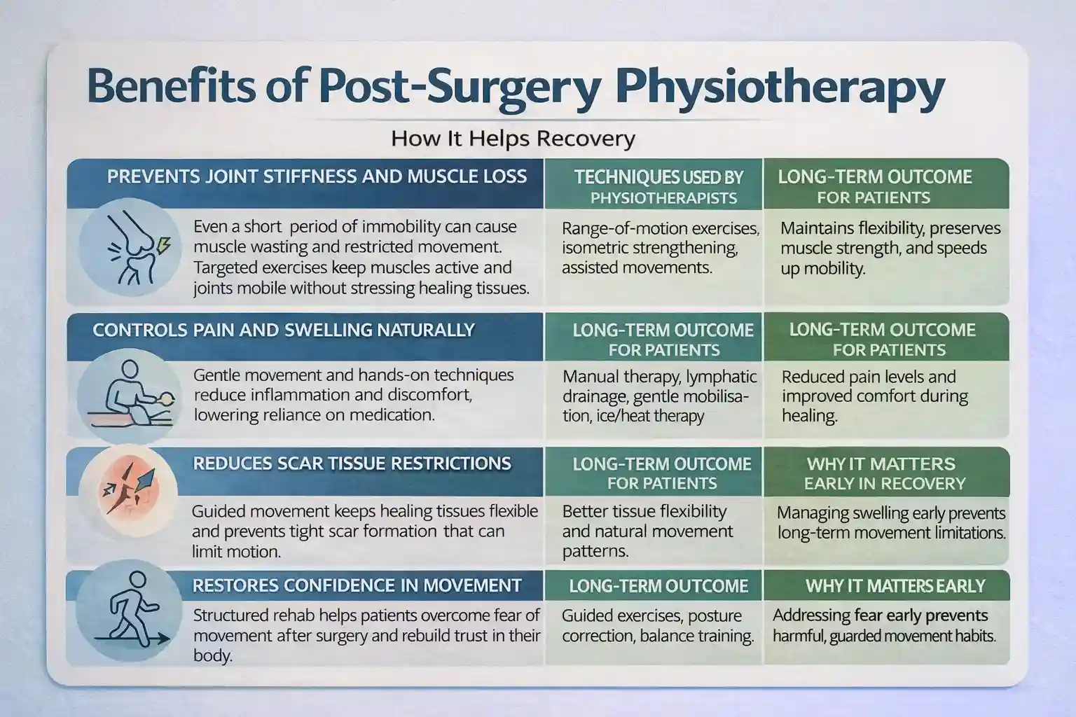 Infographic chart titled “Benefits of Post-Surgery Physiotherapy” showing how physiotherapy prevents stiffness, reduces pain and swelling, limits scar tissue restriction, and restores movement confidence with techniques and long-term outcomes during post operative recovery.