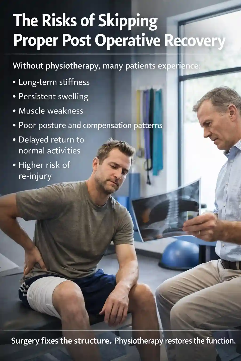 Patient sitting in a physiotherapy clinic reviewing an X-ray with a clinician, alongside text explaining the risks of skipping proper post operative recovery, including stiffness, swelling, muscle weakness, poor posture, delayed return to activity, and re-injury.