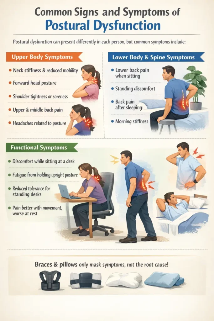 An infographic showing common signs and symptoms of postural dysfunction, including neck stiffness, forward head posture, shoulder tightness, upper and lower back pain, headaches, discomfort while sitting or standing, morning stiffness, and fatigue from maintaining upright posture, with illustrations of desk work, standing, and sleeping positions.