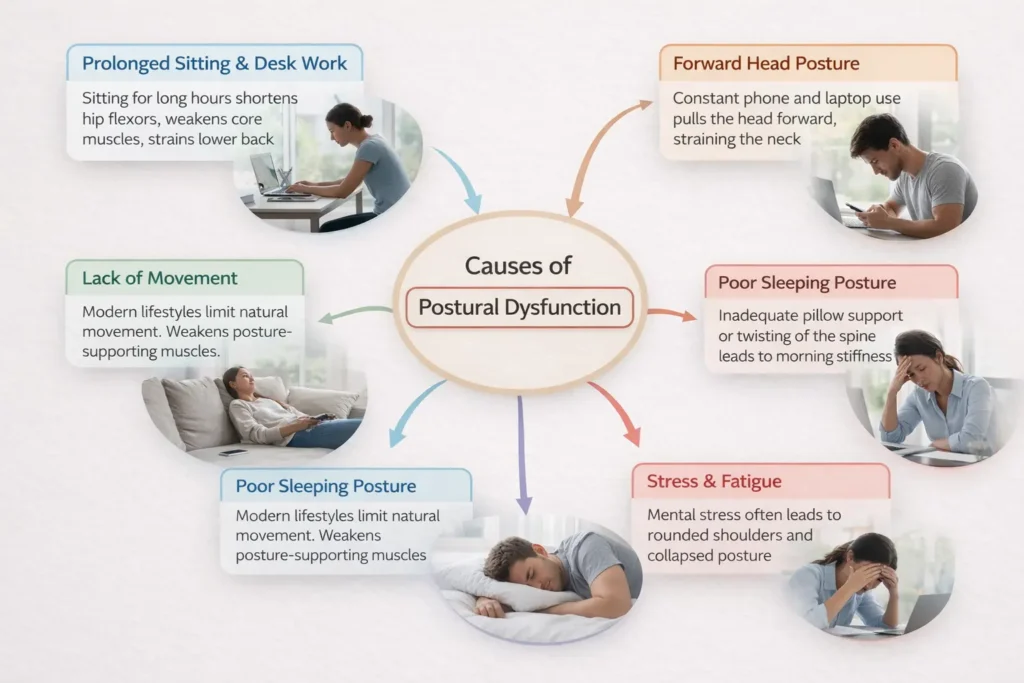 Mind map showing the causes of postural dysfunction, including prolonged sitting and desk work, forward head posture from phone and laptop use, poor sleeping posture, lack of movement, and stress and fatigue, illustrated with realistic daily life scenarios affecting posture.