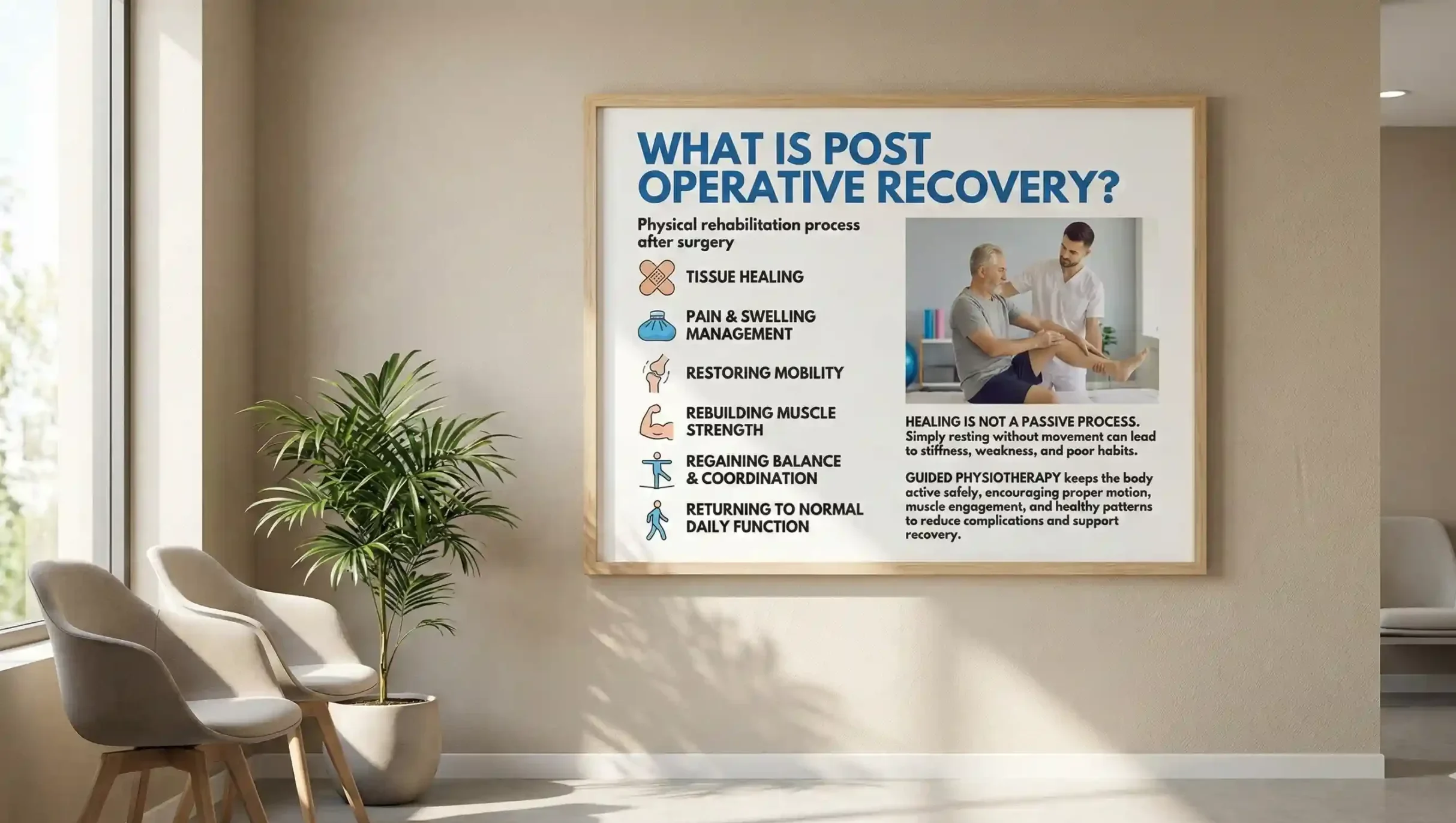 Framed clinic poster titled “What Is Post Operative Recovery?” showing stages of physiotherapy after surgery including tissue healing, pain control, mobility restoration, muscle strengthening, balance, and return to daily function in a modern waiting area.