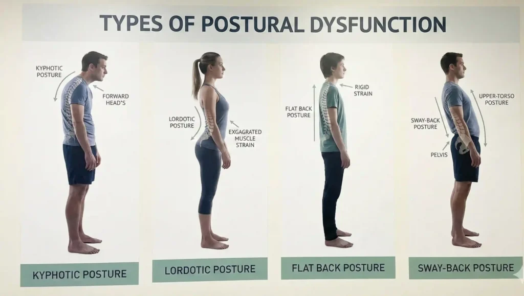 Illustration showing four common types of postural dysfunction: kyphotic posture with forward head and rounded upper back, lordotic posture with exaggerated lower back curve, flat back posture with reduced spinal curves, and sway-back posture with pelvis shifted forward and upper torso leaning back.