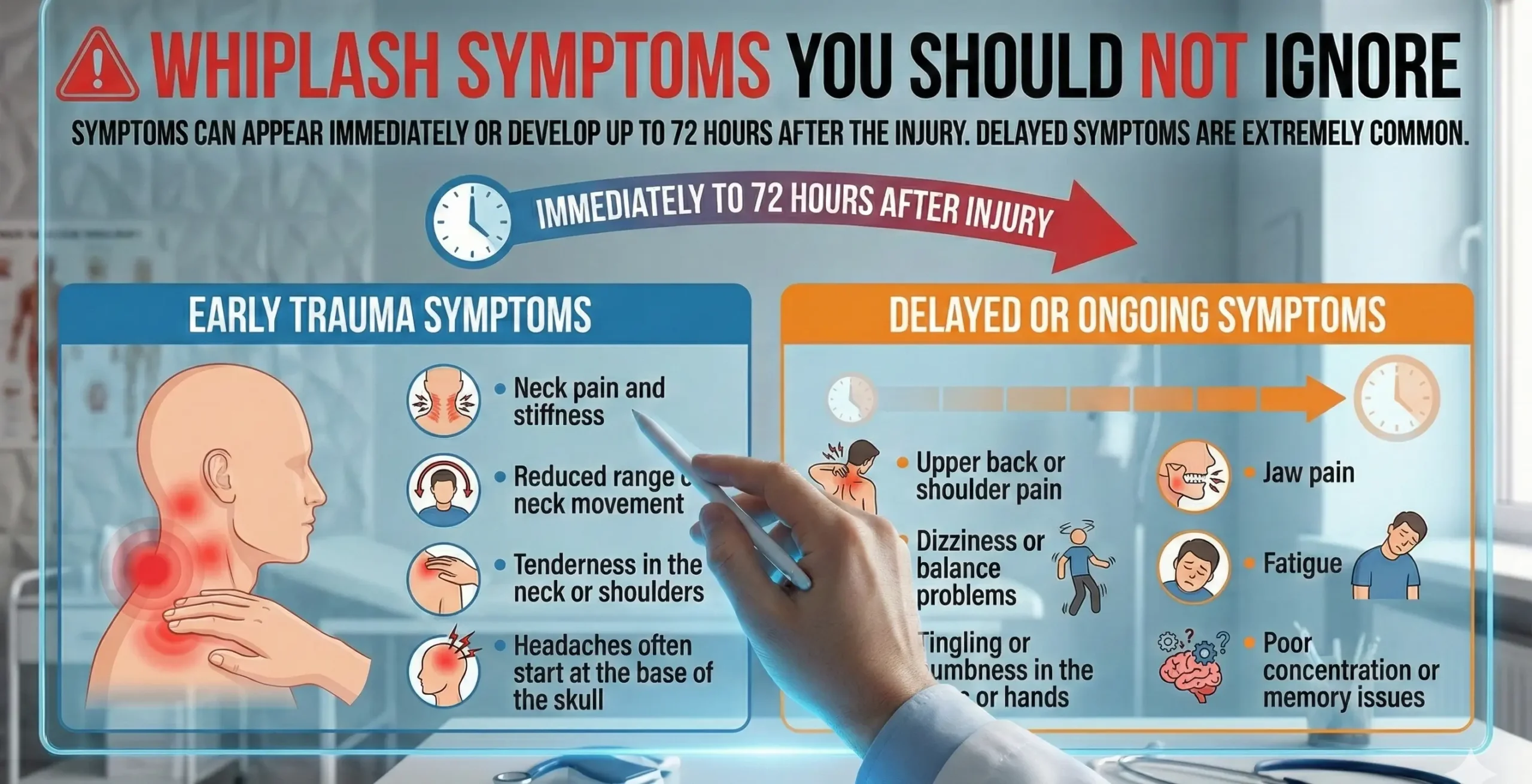 Whiplash symptoms including neck pain, stiffness, headaches, reduced neck movement, dizziness, shoulder pain and delayed symptoms up to 72 hours after injury