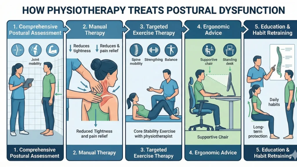 Infographic showing how physiotherapy treats postural dysfunction through five stages: comprehensive postural assessment, manual therapy to reduce muscle tightness and pain, targeted exercise therapy for spine mobility and core strength, ergonomic advice for desk and chair setup, and education with habit retraining for long-term posture correction.