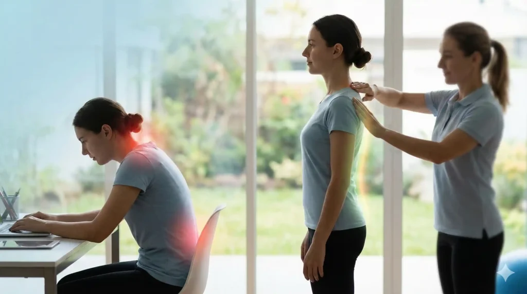 Physiotherapist correcting postural dysfunction in a woman with poor sitting posture and neck and upper back pain