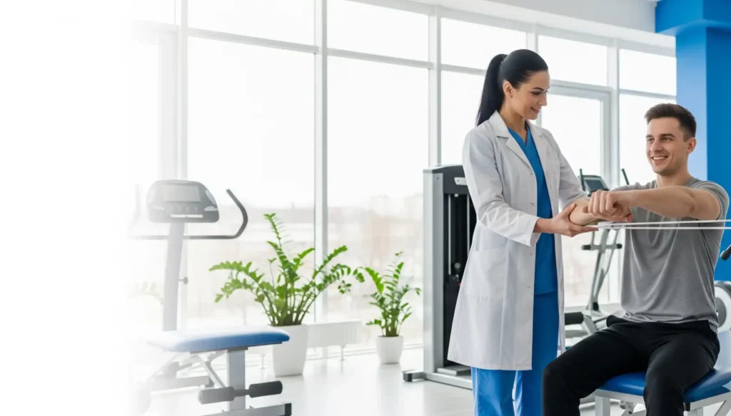 Physiotherapist assisting a patient performing resistance band arm exercises during post operative recovery in a bright clinic gym, with treatment tables and equipment in the background.