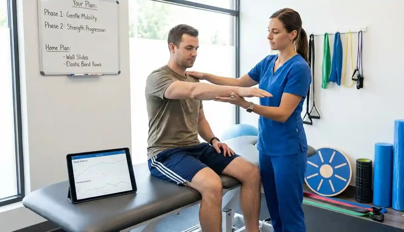 Physiotherapist guiding a seated patient through gentle arm mobility exercises during a post operative recovery session in a clinic, with rehab equipment and exercise bands visible in the background.