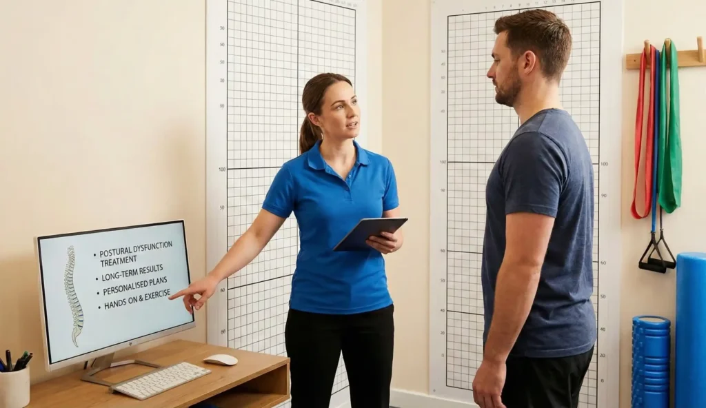 Physiotherapist conducting a postural assessment with a patient in a clinic, reviewing spinal alignment on a screen and discussing personalised postural dysfunction treatment and long-term physiotherapy results.