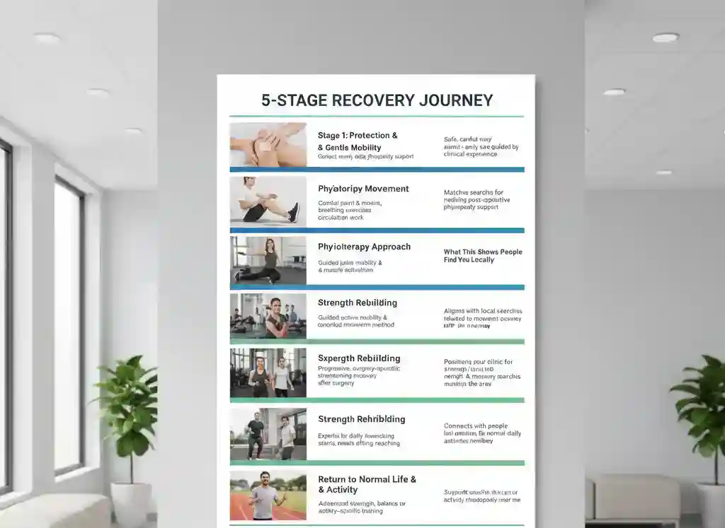 Poster titled “5-Stage Recovery Journey” showing the stages of post operative recovery in physiotherapy, from protection and gentle mobility to restoring movement, strength rebuilding, functional rehabilitation, and return to normal daily activity.