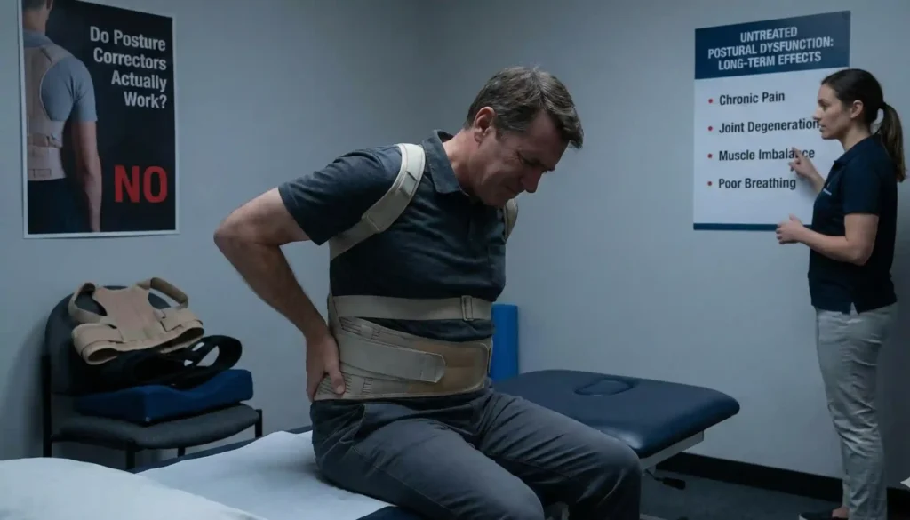 Patient wearing a posture corrector brace during a physiotherapy assessment, with a physiotherapist explaining the long-term effects of untreated postural dysfunction in a clinical setting.