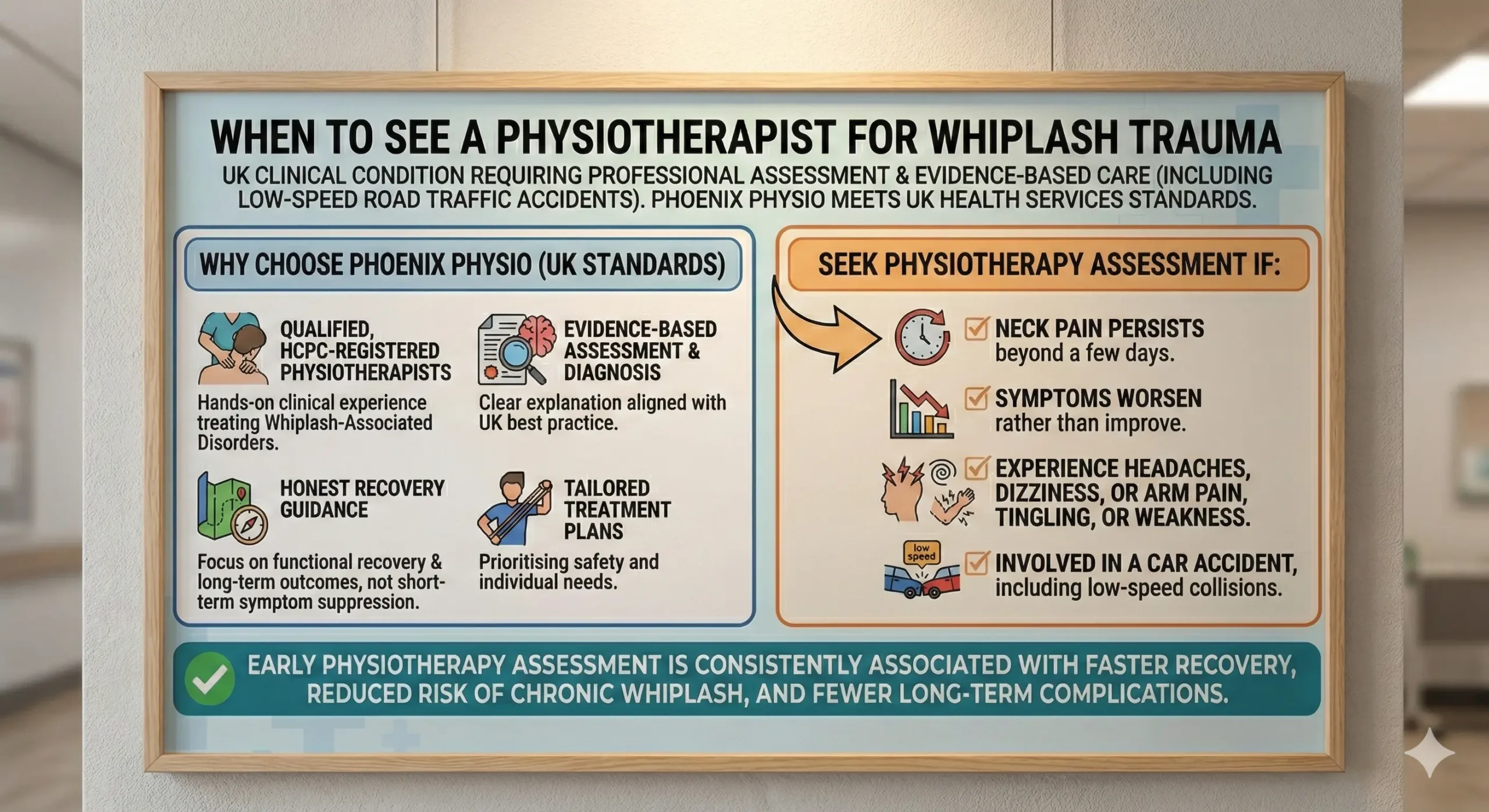Whiplash trauma guidance showing when to see a physiotherapist, including persistent neck pain, worsening symptoms, headaches, dizziness and car accident injuries