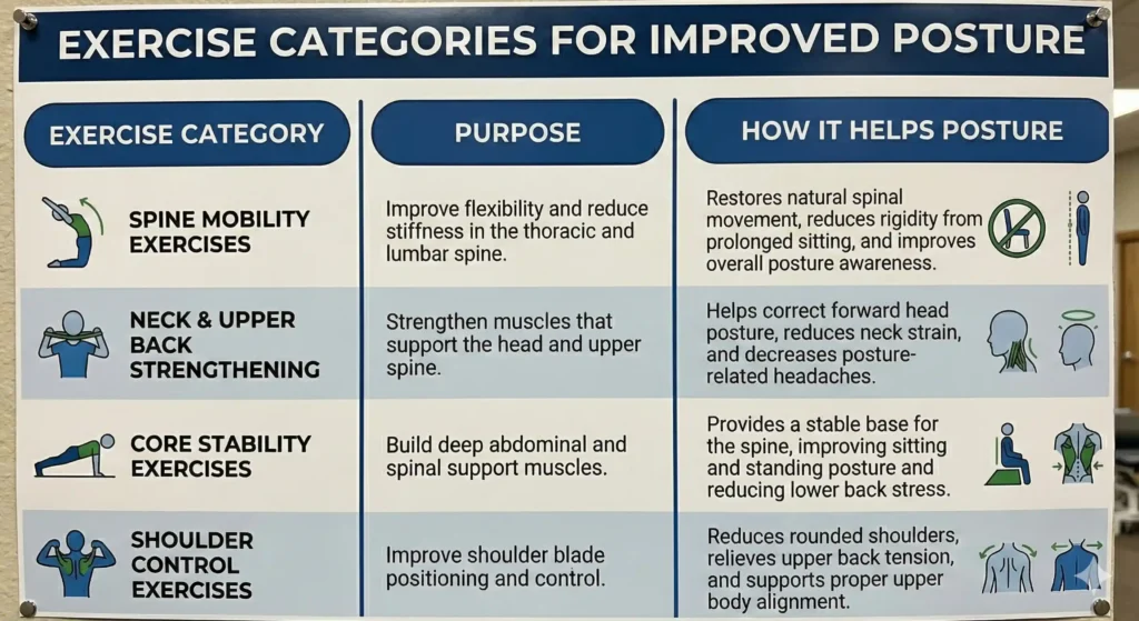 Infographic showing exercise categories for improved posture, including spine mobility exercises, neck and upper back strengthening, core stability exercises, and shoulder control exercises, with their purpose and how each supports proper spinal alignment.