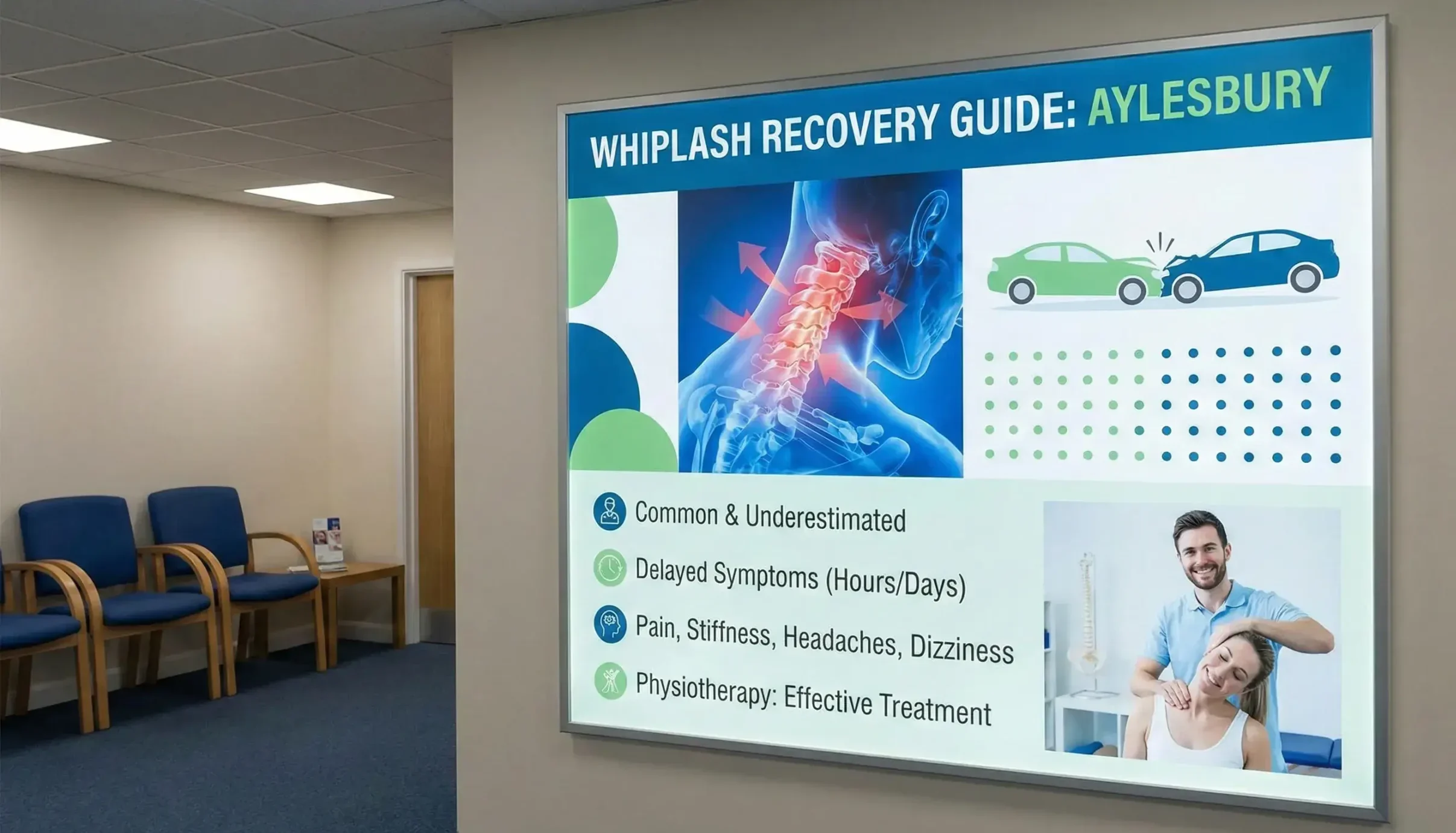 Whiplash recovery guide poster displayed in an Aylesbury physiotherapy clinic, showing a neck spine illustration, car collision graphic, and key whiplash symptoms with physiotherapy treatment imagery.