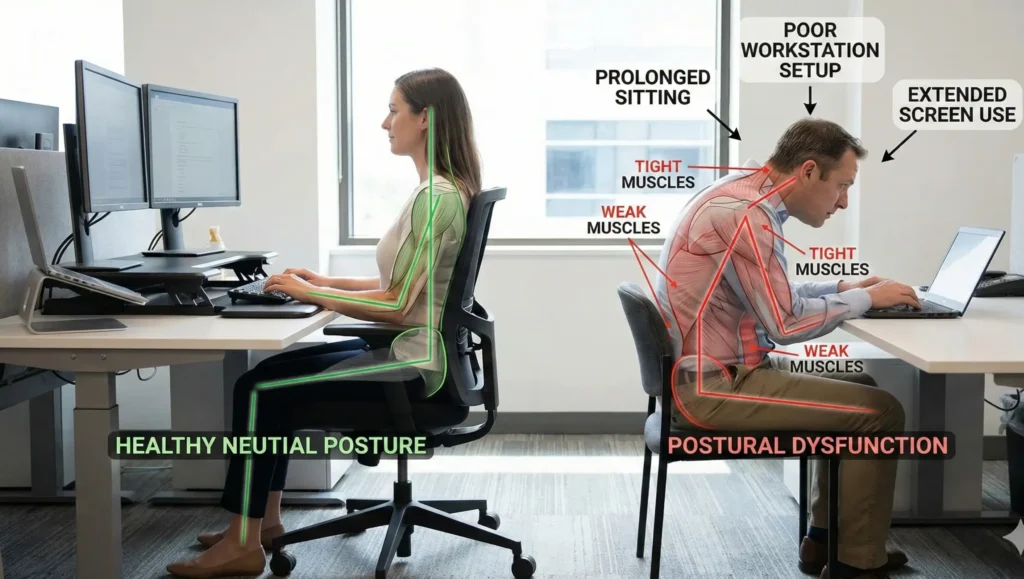 Side-by-side comparison of healthy neutral sitting posture and postural dysfunction at a desk, showing how prolonged sitting, poor workstation setup, and extended screen use lead to forward head posture, tight muscles, and weak muscles.