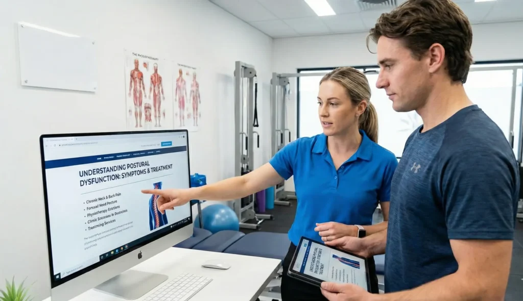 Infographic explaining how long it takes to correct postural dysfunction, showing recovery timelines of 4–6 weeks for mild issues, 8–12 weeks for moderate dysfunction, and several months for long-standing postural pain, alongside expert physiotherapy guidance.