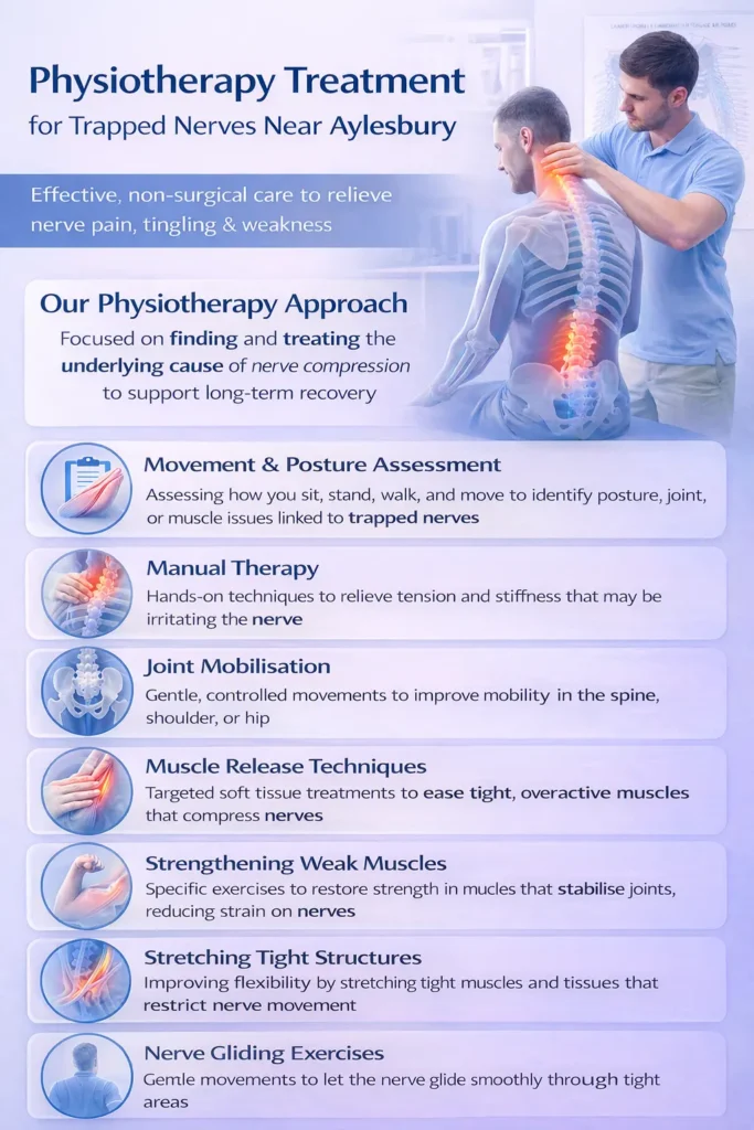 Infographic showing physiotherapy treatment for trapped nerves near Aylesbury, illustrating assessment, manual therapy, joint mobilisation, muscle release, strengthening, stretching, and nerve gliding exercises to reduce nerve compression and support long-term recovery.