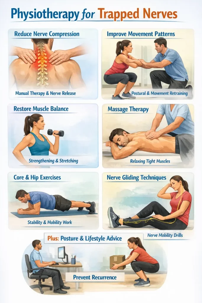 “Physiotherapist demonstrating exercises and manual therapy techniques for trapped nerve pain, including nerve gliding, posture correction, muscle strengthening, and spinal support exercises.”