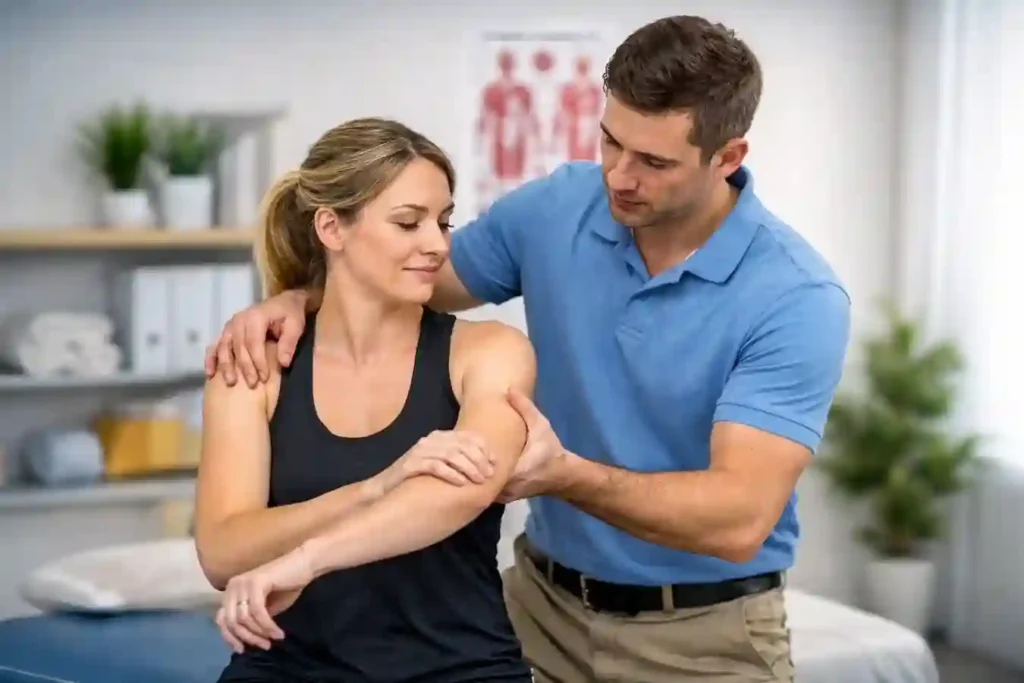 Physiotherapist assessing a patient’s arm for tendon pain during a physiotherapy treatment session in Aylesbury, UK.